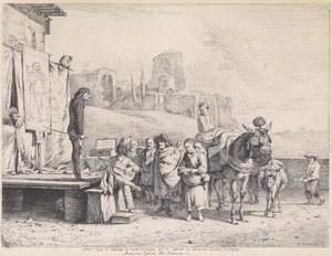 Carovana teatrale in un paesaggio italianizzante con rovine